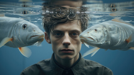 Surreal man underwater and fishes psychodelic style.