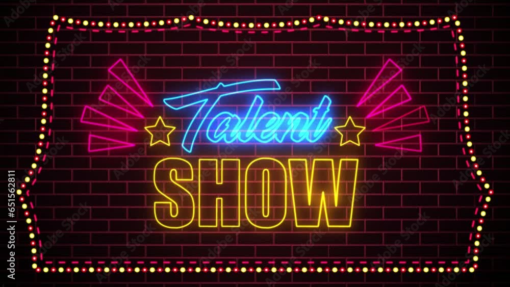 Poster red colorful flickering talent show text reveal glowing light neon sign with dotted and dashed borde