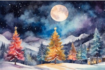 Naklejka premium Watercolor decorated Christmas tree illustration. Christmas concept