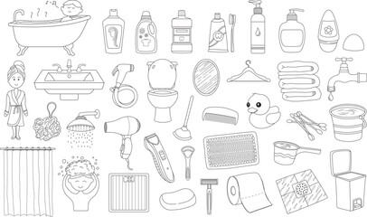 Hand drawn Kids drawing Cartoon Vector illustration Set of bathroom elements icon in doodle style