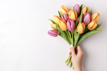 Female hand holding a bouquet of colorful tulip flowers isolated on white background.generative ai
