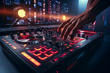 DJ Hands creating and regulating music on dj console mixer in studio.generative ai
