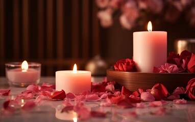 Obraz na płótnie Canvas relax spa background in soft lighting, Candle, carnation, petal, aromatherapy, cozy meditation