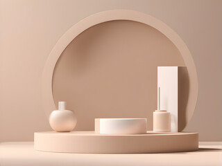 Premium product podium. Minimalistic scene for a cosmetic product. Beige pastel cylindrical stand for demonstrating cosmetic products, advertising. Background for the product. generative AI