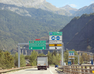 road signs with the indication to reach the Mont Blanc tunnel which connects France with Italy
