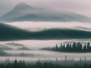 Sunrise in the mountains. mountains in the fog in the morning. Mountain range with visible silhouettes through the morning colorful fog. fog and cloud mountain valley. generative AI