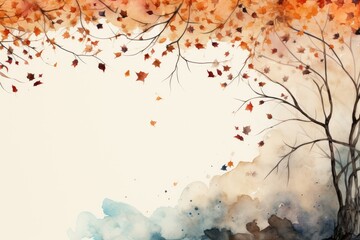 Orange maple leaves fall from the tree and fly in the sky, watercolor autumn landscape