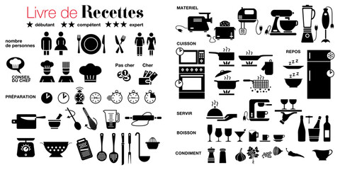 Ensemble de pictogrammes noirs, divers et variés, afin d’illustrer et faciliter la compréhension des recettes de cuisine - texte français : livre de recette.