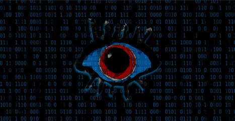 Big eyes with 0 and 1 pattern in front of binary background. Will artificial intelligence develop into an eye in the sky and become a big brother watching you like the novel 