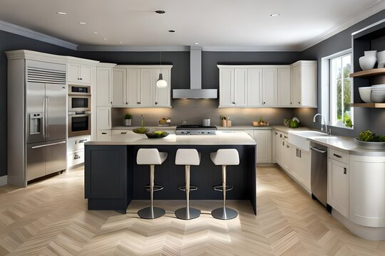 image of a modern kitchen interior design with stoke, shelf and appliances