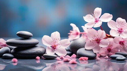Obraz na płótnie Canvas Panoramic still life for harmony in spa, massage or yoga. Stack of spa mineral blueish tone pebbles with pink flowers on defocused wellness background Copy Space 