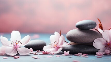Panoramic still life for harmony in spa, massage or yoga. Stack of spa mineral blueish tone pebbles with pink flowers on defocused wellness background Copy Space

