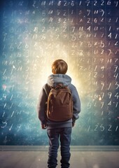 Young school kid with backpack is standing near futuristic numbers, math. Generative Ai.