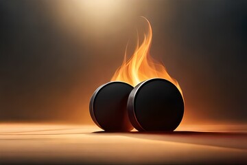 Set of three realistic black hockey pucks in fire isolated on transparent background vector...