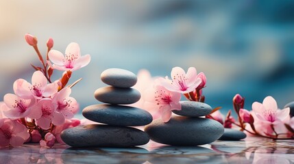 Fototapeta na wymiar Spa background with pink orchids flowers and pebbles on a grey background copy space 