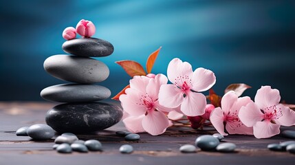 Obraz na płótnie Canvas spa wellness: stones for massage and rose Flowers copy space 