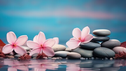 Fototapeta na wymiar Set of pink orchid flowers and gray spa stones on water and reflection Copy Space 