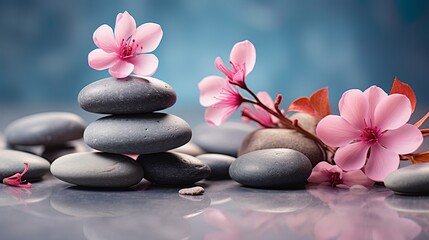 Obraz na płótnie Canvas Grey stones and pink flowers on clean background, Concept of balance and harmony for spa website Copy Space 