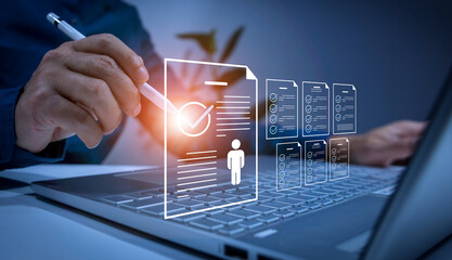 Human resource management concepts and checklist documents Businessman selects employees from digital online document Employee management and recruitment business company efficiency of human system