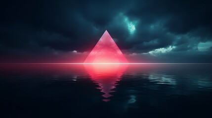 vibrant neon pink triangle abstract design over night ocean