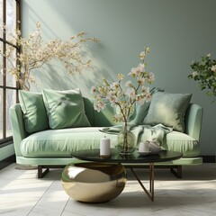 home interior design element close up freshness flower vase on coffee table in living room with background of green bright colour sofa and pillow daylight cosy comfort home interior background