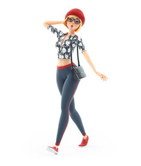 3d fashion girl walking with one hand in her hair