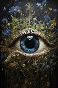 eye of nature hiding in the midst of flowers, blue eye, surrealistic, closeup, photorealistic // ai-generated