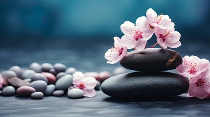 Panoramic still life for harmony in spa, massage or yoga. Stack of spa mineral pebbles with pink...