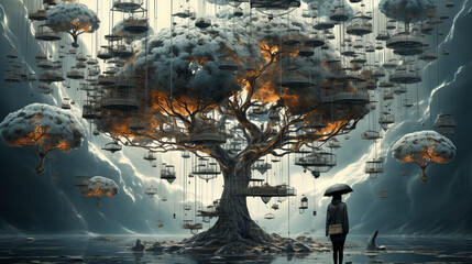 Conceptual art. Trees concept. Creative design. Futuristic and innovative background concept.