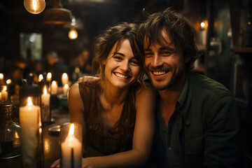 A couple smiling near candles in a bar on a date