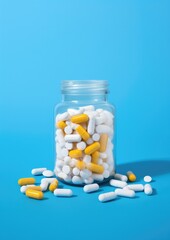 Many pills pilled of jar together, pain relief and addiction colorful concept. Generative Ai