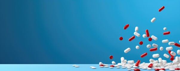 Many pills pilled of jar together, pain relief and addiction banner panorama. Generative Ai