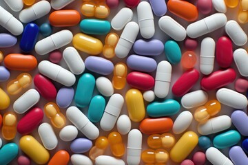 Many different pills pilled together, pain relief and addiction concept. Generative Ai