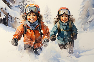 happy children schoolchildren friends on vacation play and run in nature in forest in winter. Christmas Greeting Card