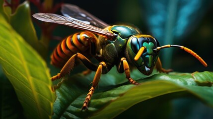 Macro shot of a bee's eye on a green leaf.