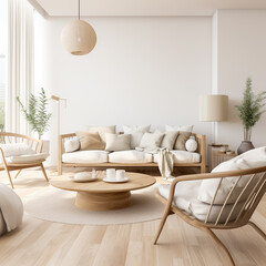 Close up of wooden round coffee table near beige fabric mid-century armchair. Scandinavian style home interior design of modern living room. Created with generative AI
