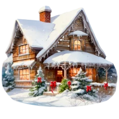 Foto op Canvas Watercolor winter Christmas house on a transparent background, Christmas decorative illustration. baan farm on Christmas day © VeloonaP
