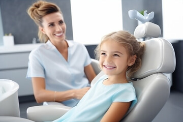 Fototapeta premium Smile dentistry dental clinic child patient hygiene girl dentist care medicine