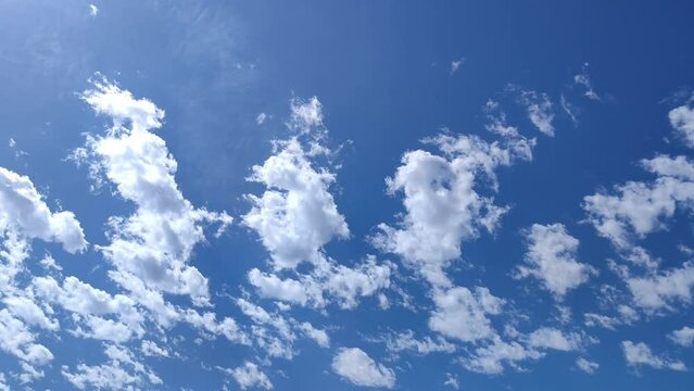Differents clouds move in the illuminated blue sky at noon