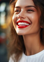 Portrait of happy women with perfect smile with nice white teeth and red lipstick. Generative Ai.