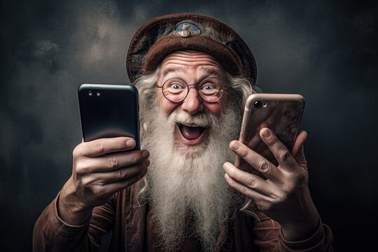 Embracing Modern Times: Wisdom In The Digital Age, An Old Man Holding Two Smart Phones And Laughing