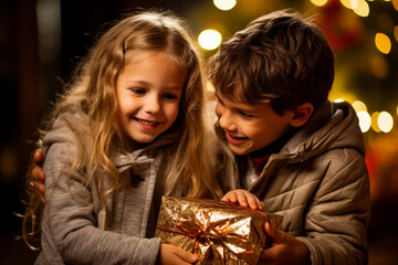 Obraz na płótnie Canvas Childs eyes brighten as they unwrap a long-awaited present joyously 