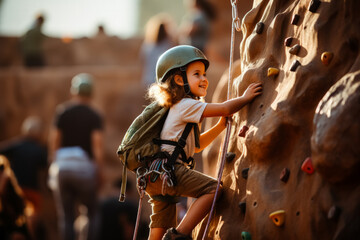 Determined child scaling a climbing wall showcasing strength and resilience 