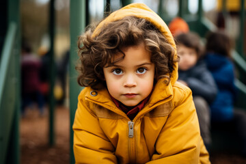 Shy child blushing and avoiding eye contact during a playground interaction  - obrazy, fototapety, plakaty