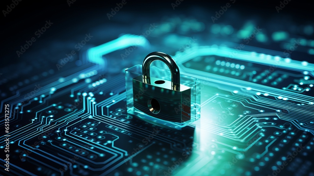 Poster technology information security - padlock, programming codes, cybersecurity concept