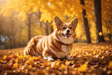 Happy Corgi dog on Autumn nature background. ai generative