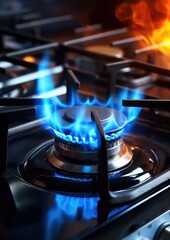Detail view on gas cooker with blue flame on while cooking in the kitchen interior. Generative Ai. - obrazy, fototapety, plakaty