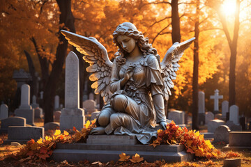 Angel monument at the tombstone of the grave. ai generative