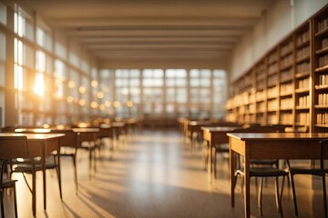 Abstract blurred empty college library interior space. ai generative