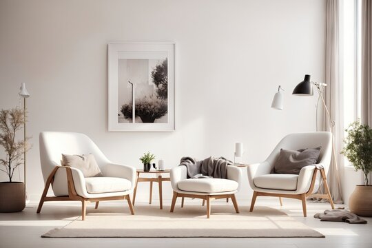 Two armchairs in room with white wall. ai generative